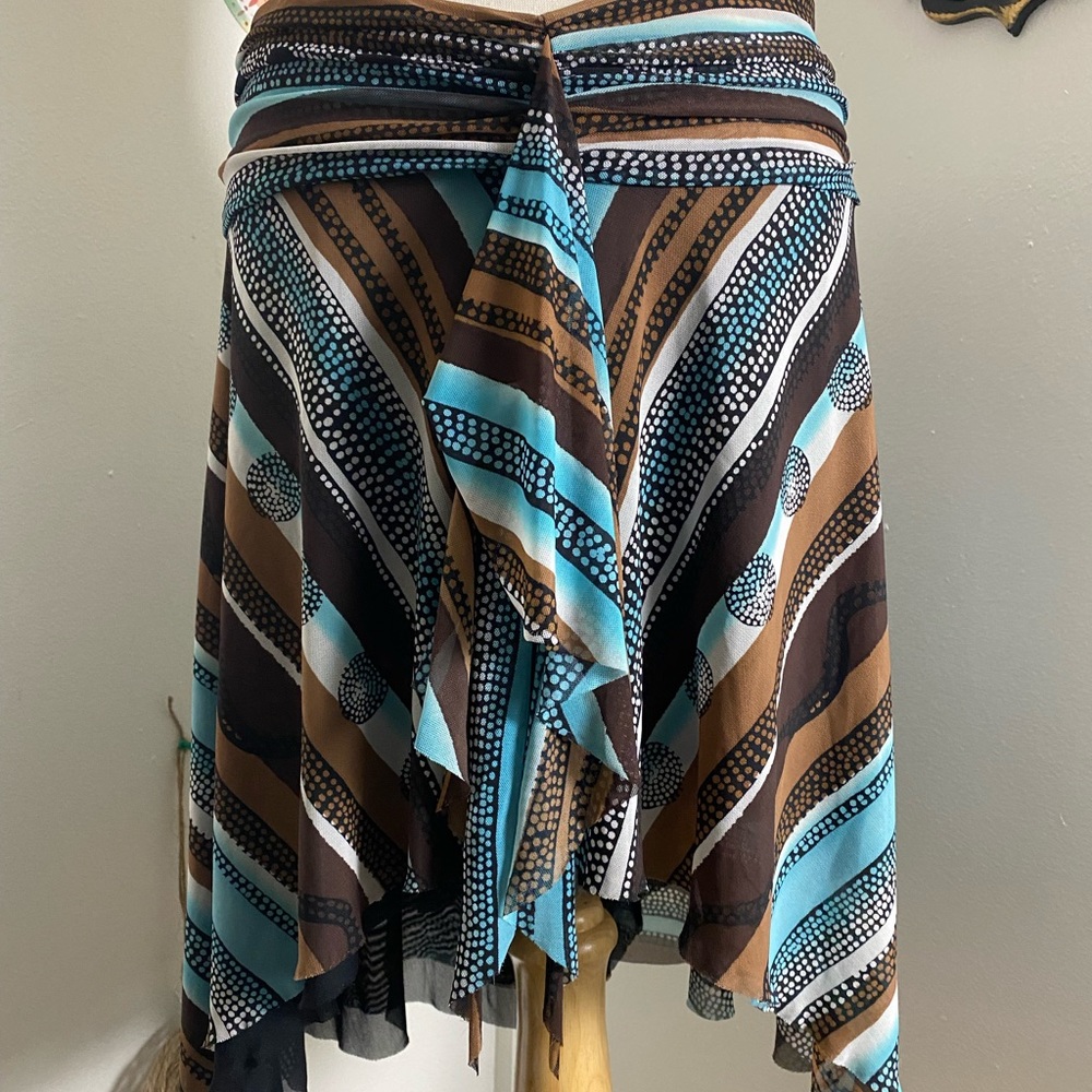 Office  Profile boho print dot pattern brown blue poncho top shirt yoga dance ML